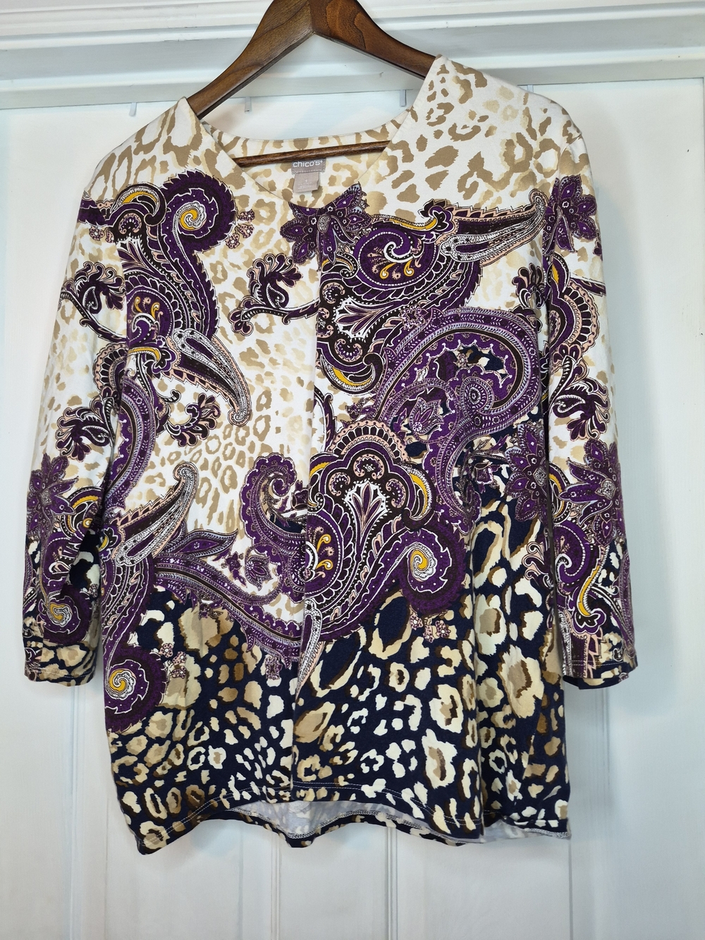 Chico's Purple, Cream & Black Mixed Paisley Animal Print Blouse